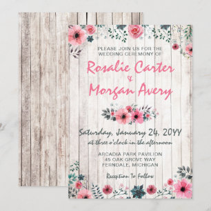 Rustic Wood Floral Rose Country Wedding Invitation