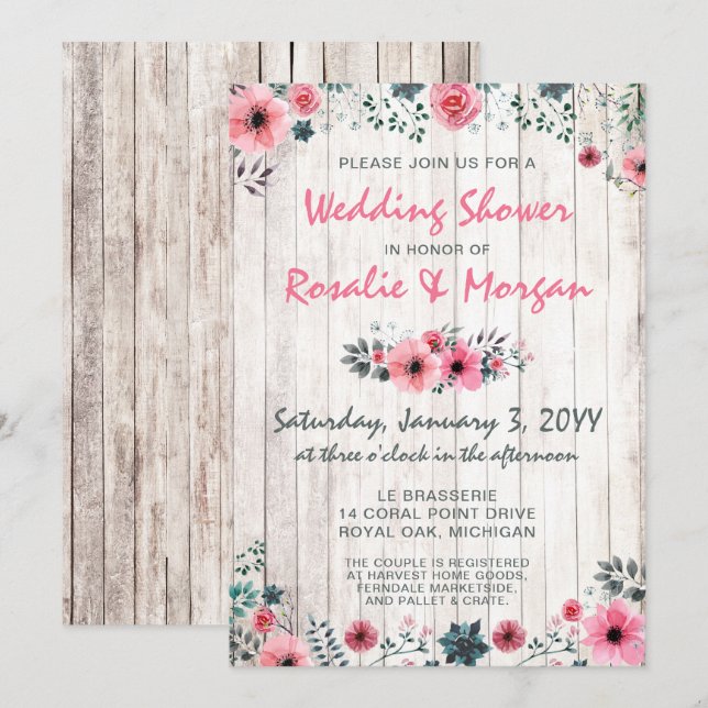 Rustic Wood Floral Rose Country Wedding Shower Invitation (Front/Back)
