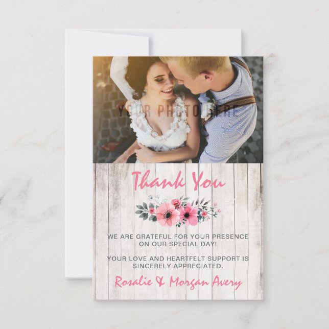 Rustic Wood Floral Rose Country Wedding Thank You Card (Front)