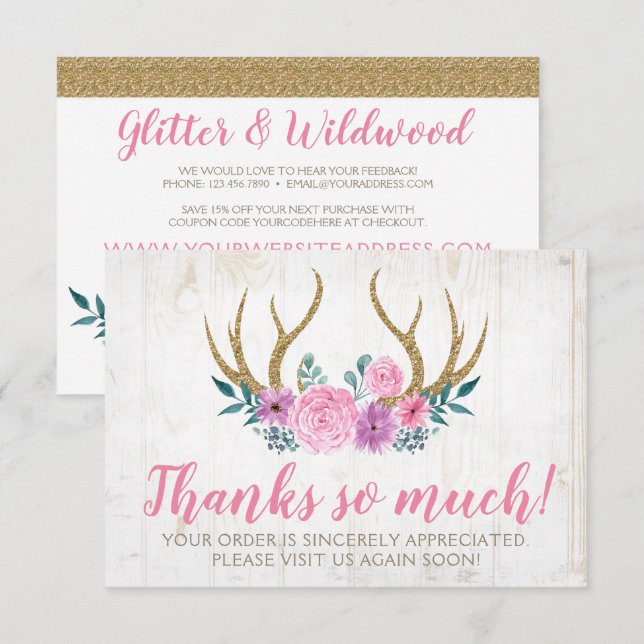 Rustic Wood & Floral Roses Antlers Thank You Card (Front/Back)