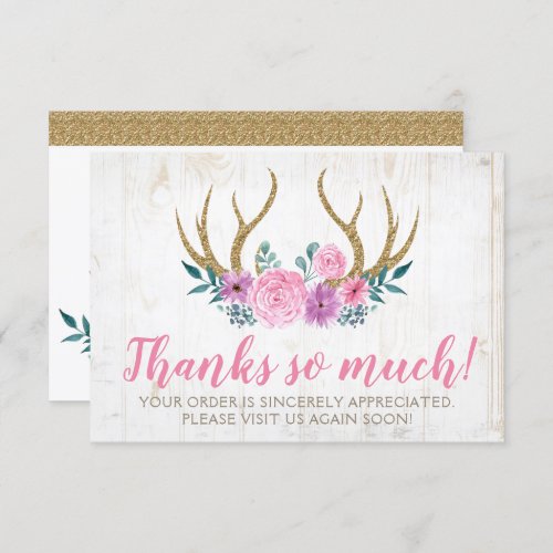 Rustic Wood  Floral Roses Antlers Thank You Card