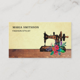 Rustic Wood Floral Sewing Machine Fashion Stylist Business Card