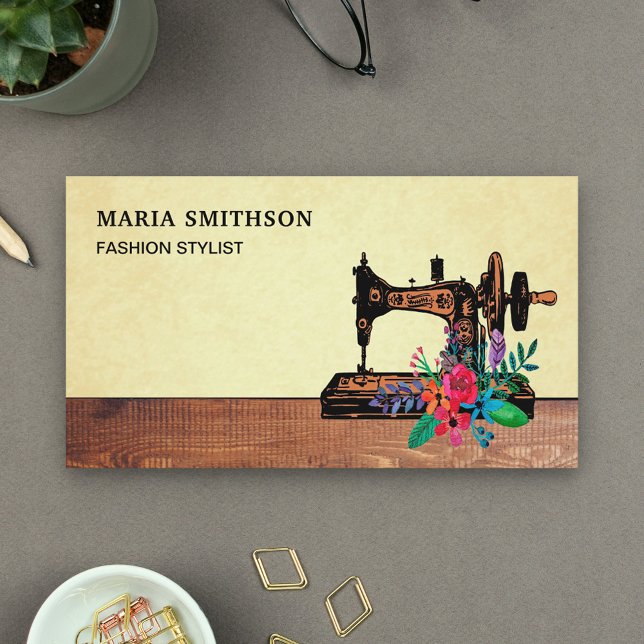 Rustic Wood Floral Sewing Machine Fashion Stylist Business Card (Creator Uploaded)