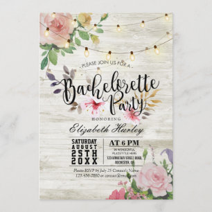 Rustic Wood Floral String Light Bachelorette Party Invitation
