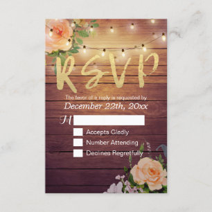 Rustic Wood Floral String Light Wedding RSVP Reply