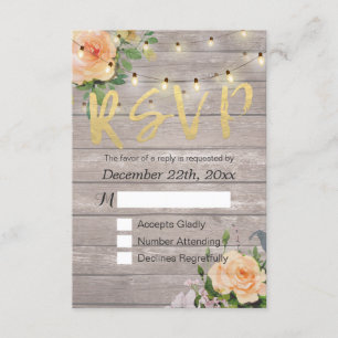 Rustic Wood Floral String Light Wedding RSVP Reply