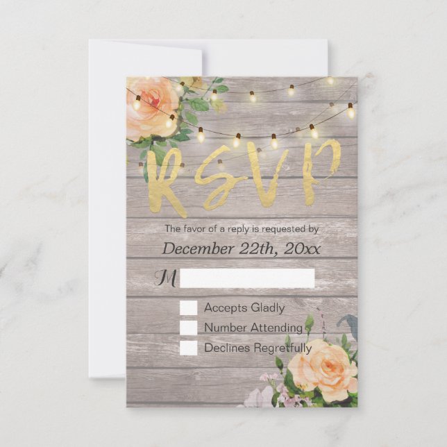 Rustic Wood Floral String Light Wedding RSVP Reply (Front)