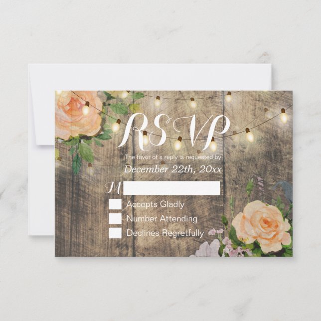 Rustic Wood Floral String Light Wedding RSVP Reply (Front)