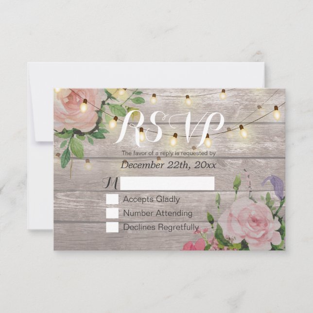 Rustic Wood Floral String Light Wedding RSVP Reply (Front)