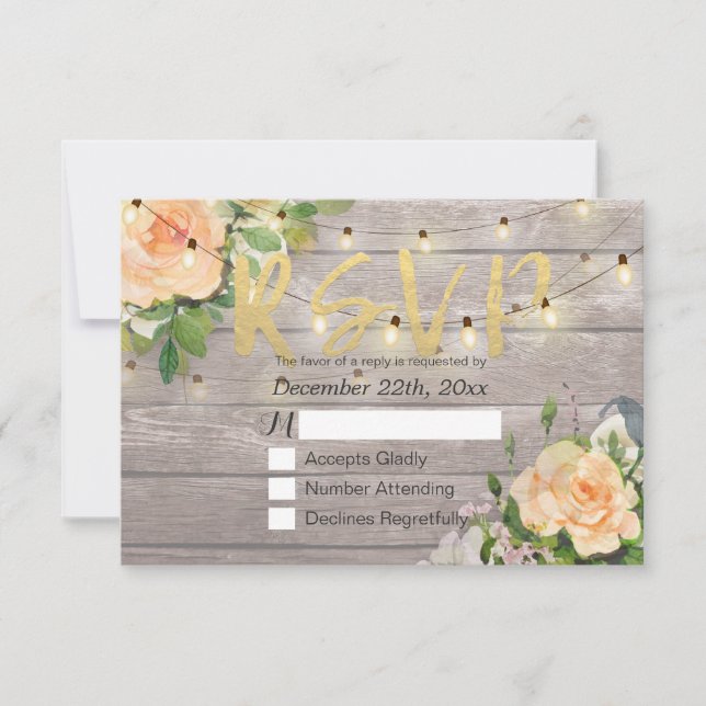Rustic Wood Floral String Light Wedding RSVP Reply (Front)