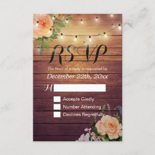 Rustic Wood Floral String Light Wedding RSVP Reply