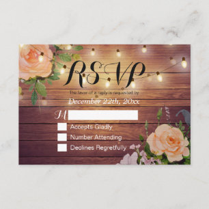 Rustic Wood Floral String Light Wedding RSVP Reply