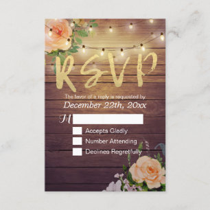 Rustic Wood Floral String Light Wedding RSVP Reply Card
