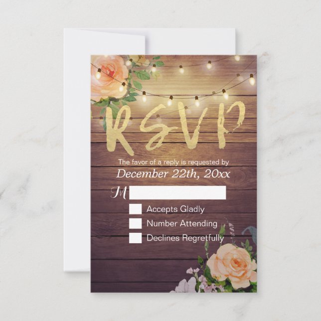 Rustic Wood Floral String Light Wedding RSVP Reply Card (Front)
