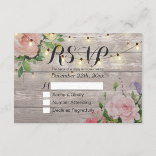 Rustic Wood Floral String Light Wedding RSVP Reply Card