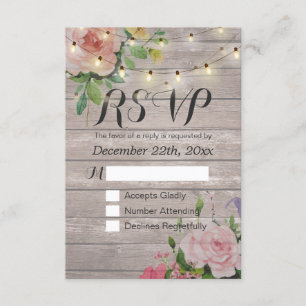 Rustic Wood Floral String Light Wedding RSVP Reply Card