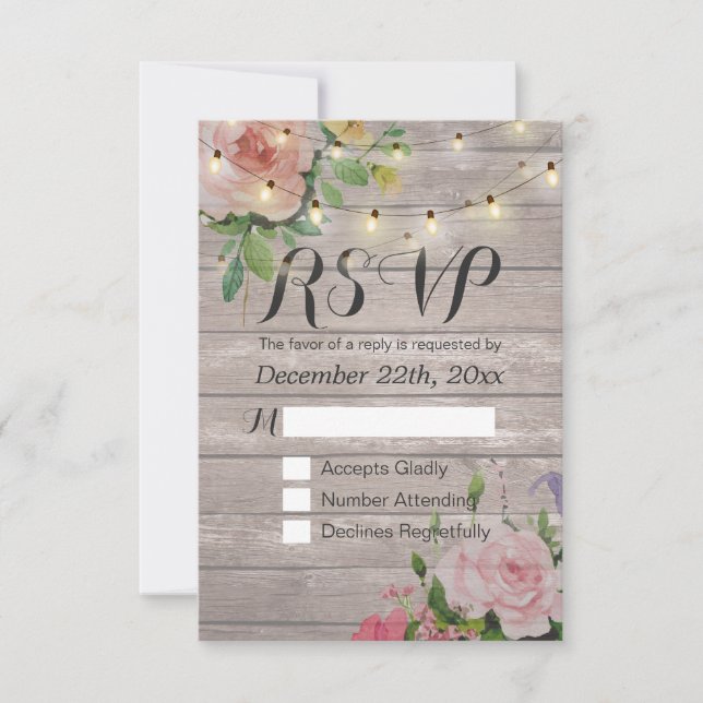Rustic Wood Floral String Light Wedding RSVP Reply Card (Front)