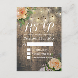 Rustic Wood Floral String Light Wedding RSVP Reply Card