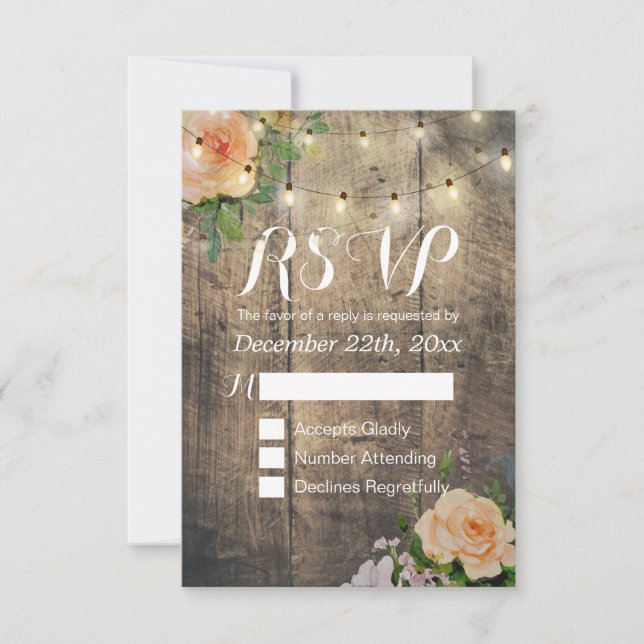 Rustic Wood Floral String Light Wedding RSVP Reply Card (Front)