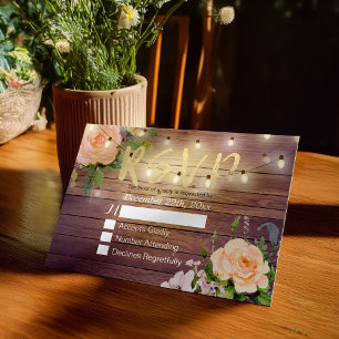 Rustic Wood Floral String Light Wedding RSVP Reply Card