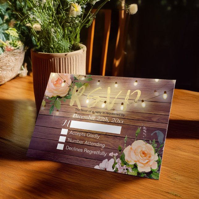 Rustic Wood Floral String Light Wedding RSVP Reply Card (Creator Uploaded)
