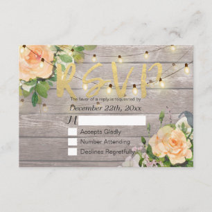 Rustic Wood Floral String Light Wedding RSVP Reply Card