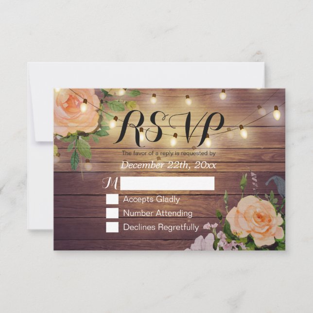 Rustic Wood Floral String Light Wedding RSVP Reply Card (Front)