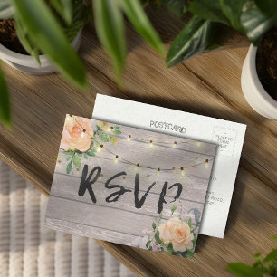 Rustic Wood Floral String Light Wedding RSVP Reply Invitation Postcard