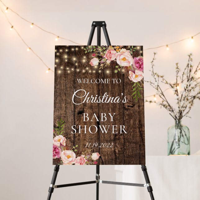 Rustic Wood Floral String Lights Baby Shower Foam Board (In Situ (Stand))