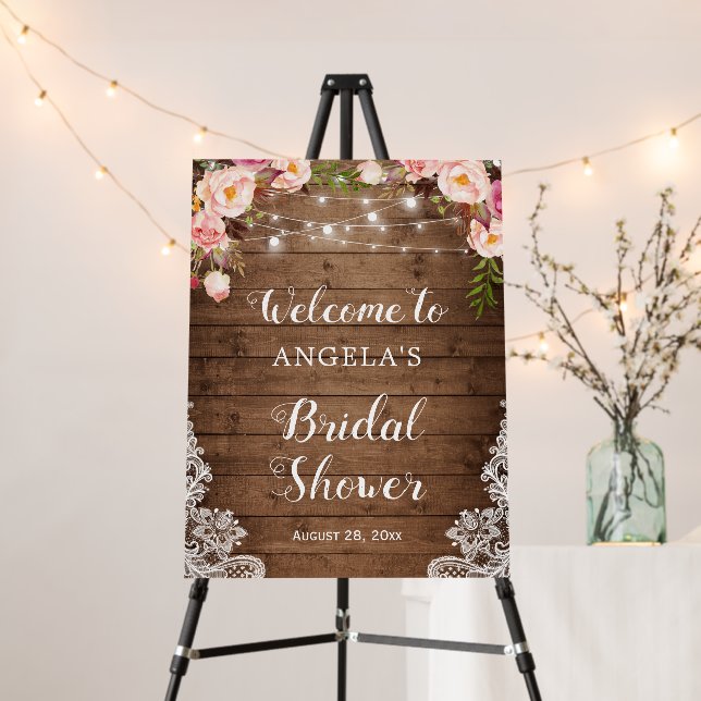 Rustic Wood Floral String Lights Bridal Shower Foam Board (In Situ (Stand))