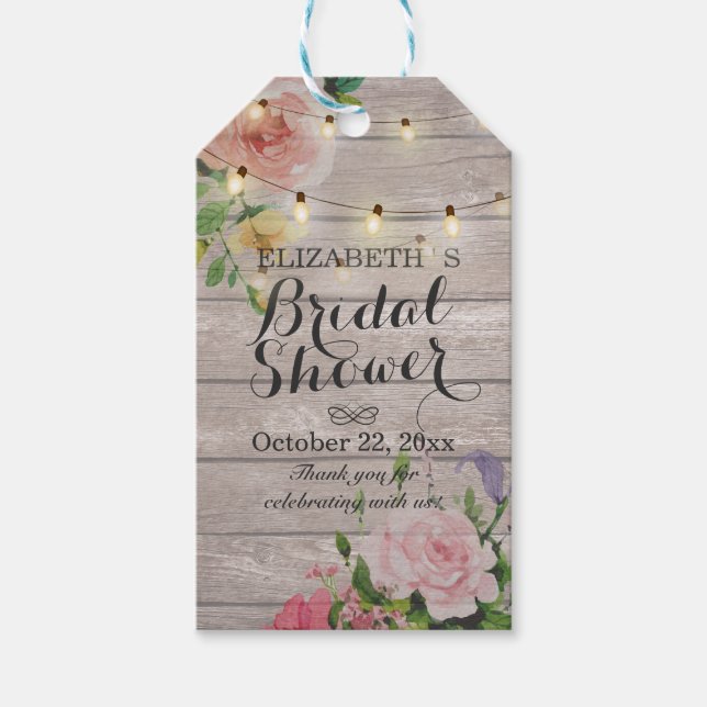 Rustic Wood Floral String Lights Bridal Shower Gift Tags (Front)