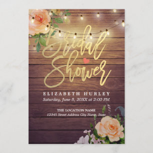 Rustic Wood Floral String Lights Bridal Shower Invitation