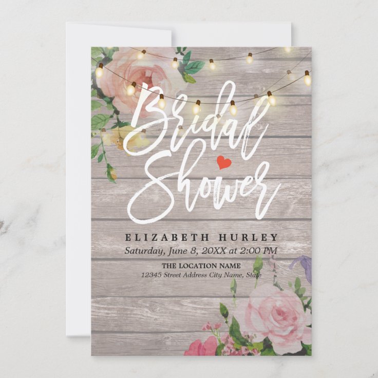 Rustic Wood Floral String Lights Bridal Shower Invitation Zazzle