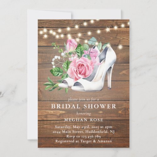 Rustic  Wood Floral String Lights Bridal Shower Invitation