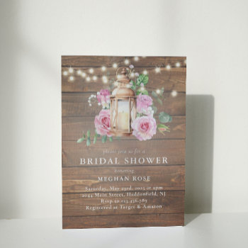 Rustic  Wood Floral String Lights Bridal Shower Invitation by PrintedbyCharlotte at Zazzle