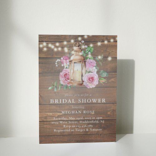 Rustic  Wood Floral String Lights Bridal Shower Invitation
