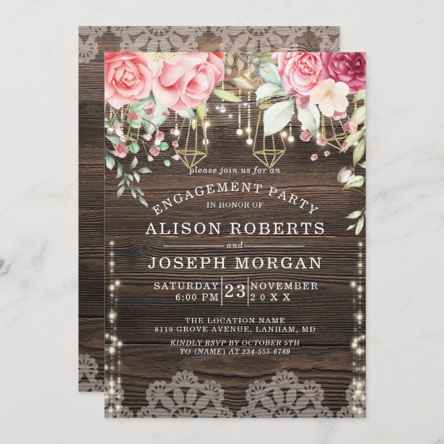 Rustic Wood Floral String lights Engagement Invitation (Front/Back)
