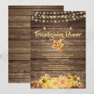 Rustic Wood Floral String Lights Friendsgiving Invitation