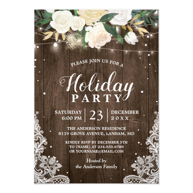 Rustic Wood Floral String Lights Holiday Party Invitation