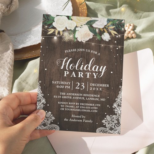 Rustic Wood Floral String Lights Holiday Party Invitation