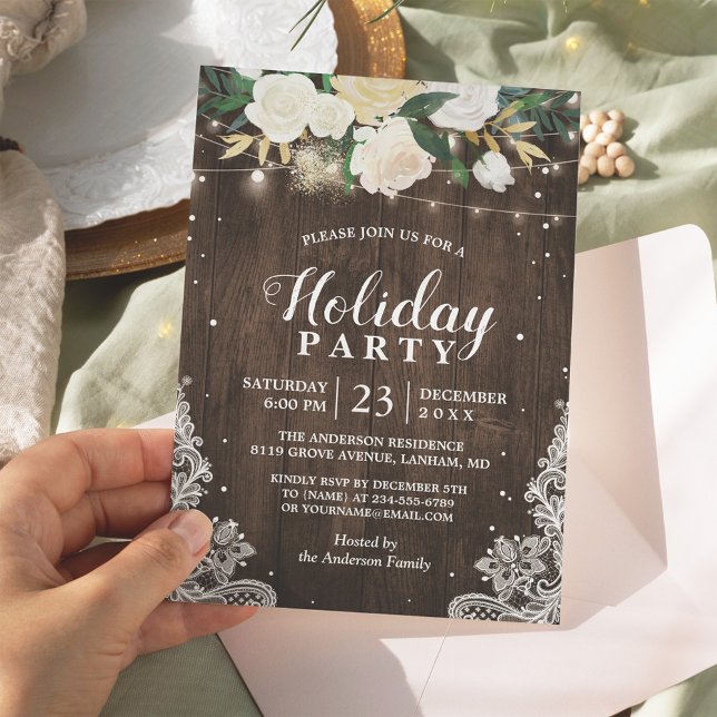 Rustic Wood Floral String Lights Holiday Party Invitation (Creator Uploaded)