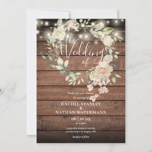 Rustic Wood Floral String Lights Monogram Wedding  Invitation