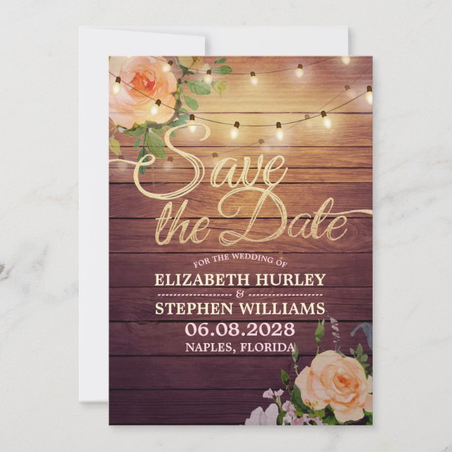 Rustic Wood Floral String Lights Save The Date (Front)