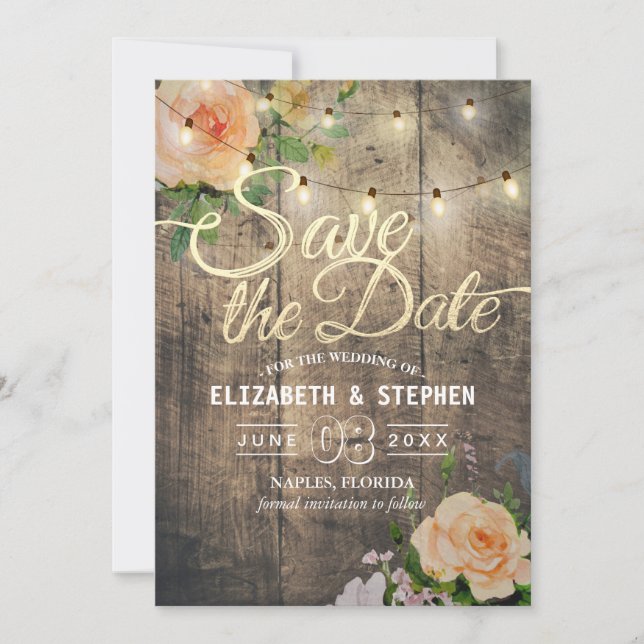 Rustic Wood Floral String Lights Save The Date (Front)