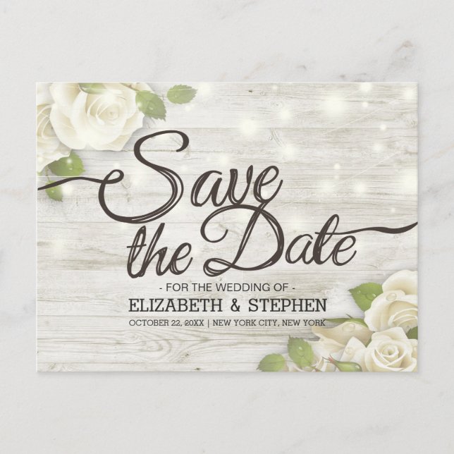 Rustic Wood Floral String Lights Save The Date Ann Announcement Postcard (Front)