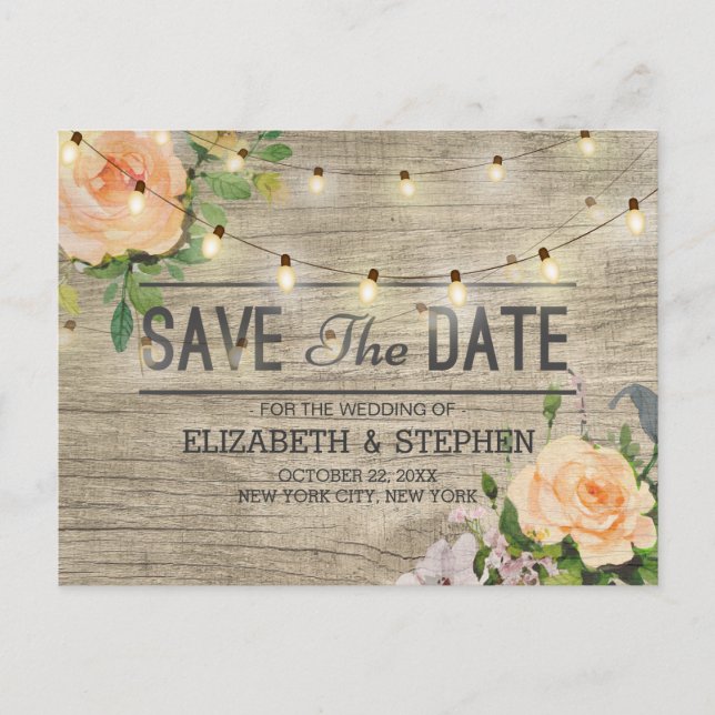 Rustic Wood Floral String Lights Save The Date Ann Announcement Postcard (Front)
