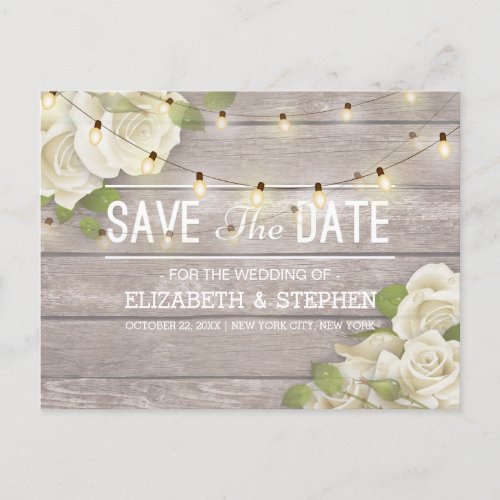 Rustic Wood Floral String Lights Save The Date Announcement Postcard