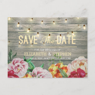 Rustic Wood Floral String Lights Save The Date Announcement Postcard