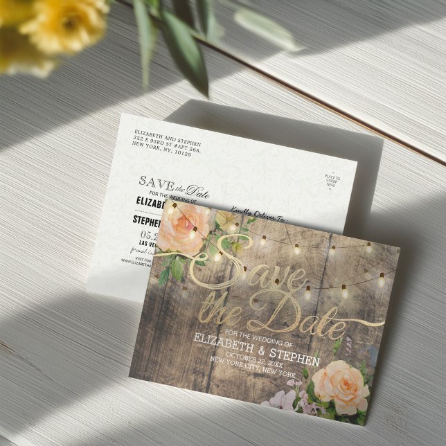Rustic Wood Floral String Lights Save The Date Announcement Postcard (Creator Uploaded)