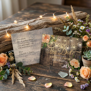 Rustic Wood Floral String Lights Save The Date Announcement Postcard